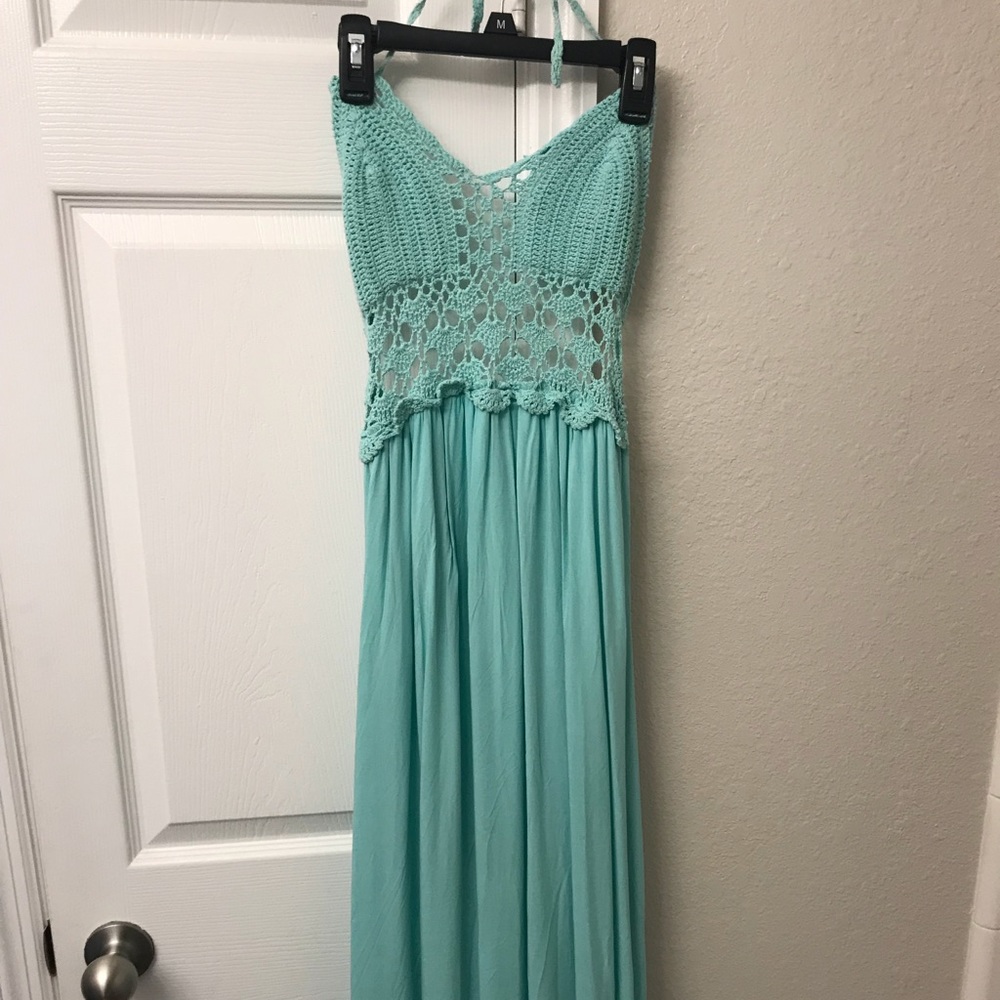 Crochet Halter Maxi Dress - Baby Blue